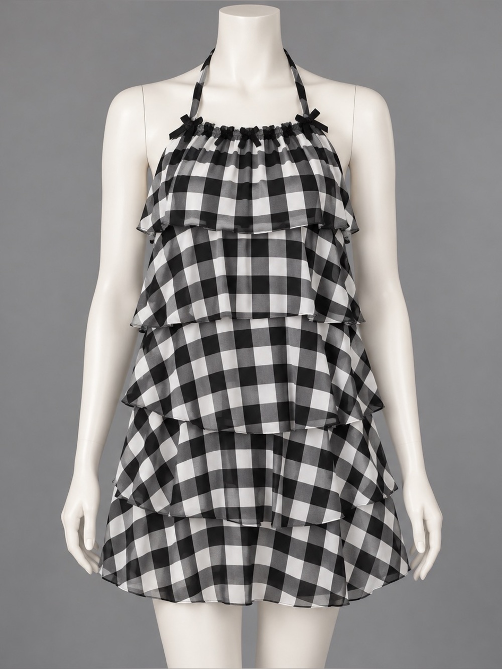 vtg Y2K Betsey Johnson Tiered Ruffle Halter Coverup Swim Mini Dress Gingham